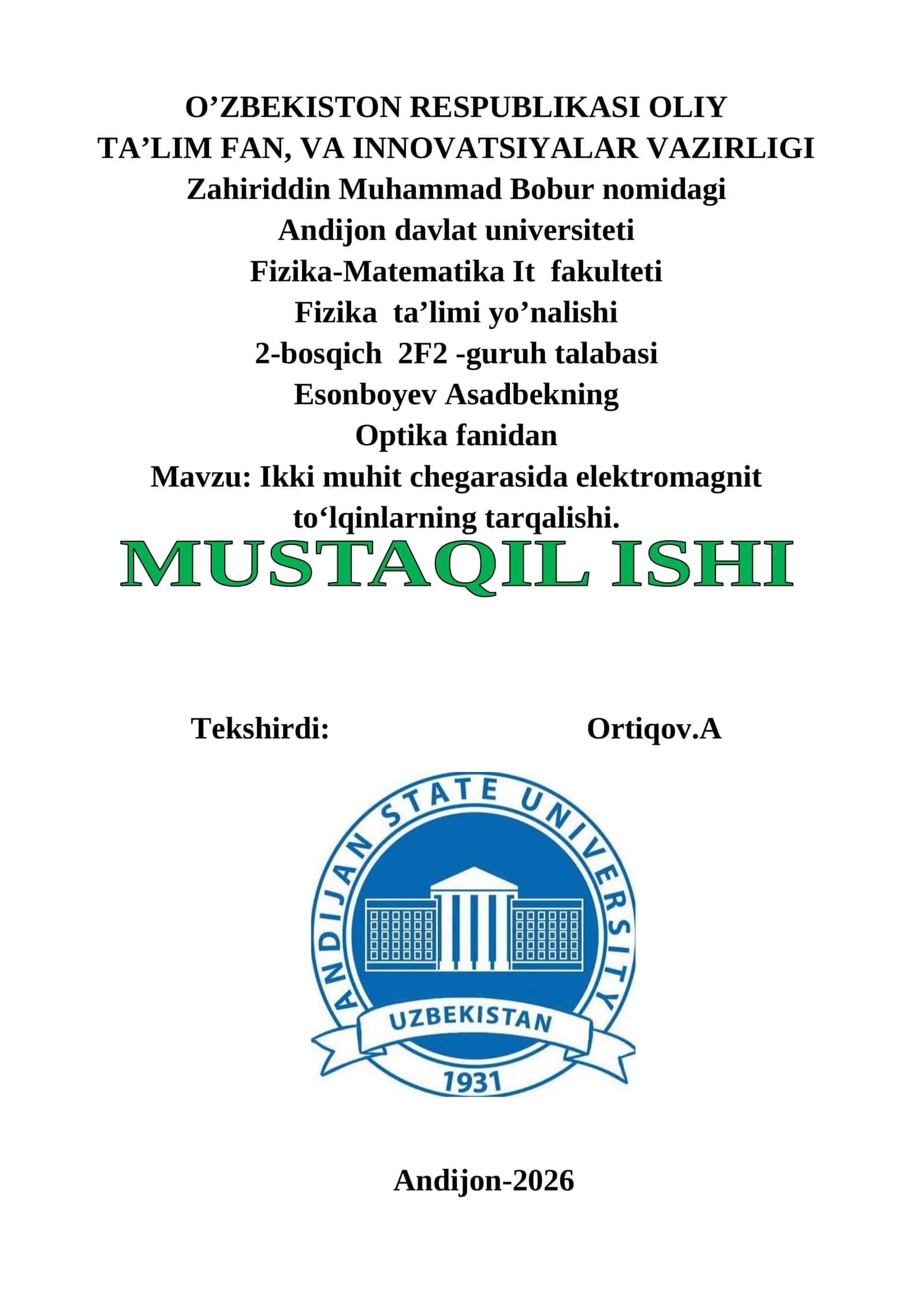 Ikki muhit chegarasida elektromagnit to‘lqinlarning tarqalishi 1
