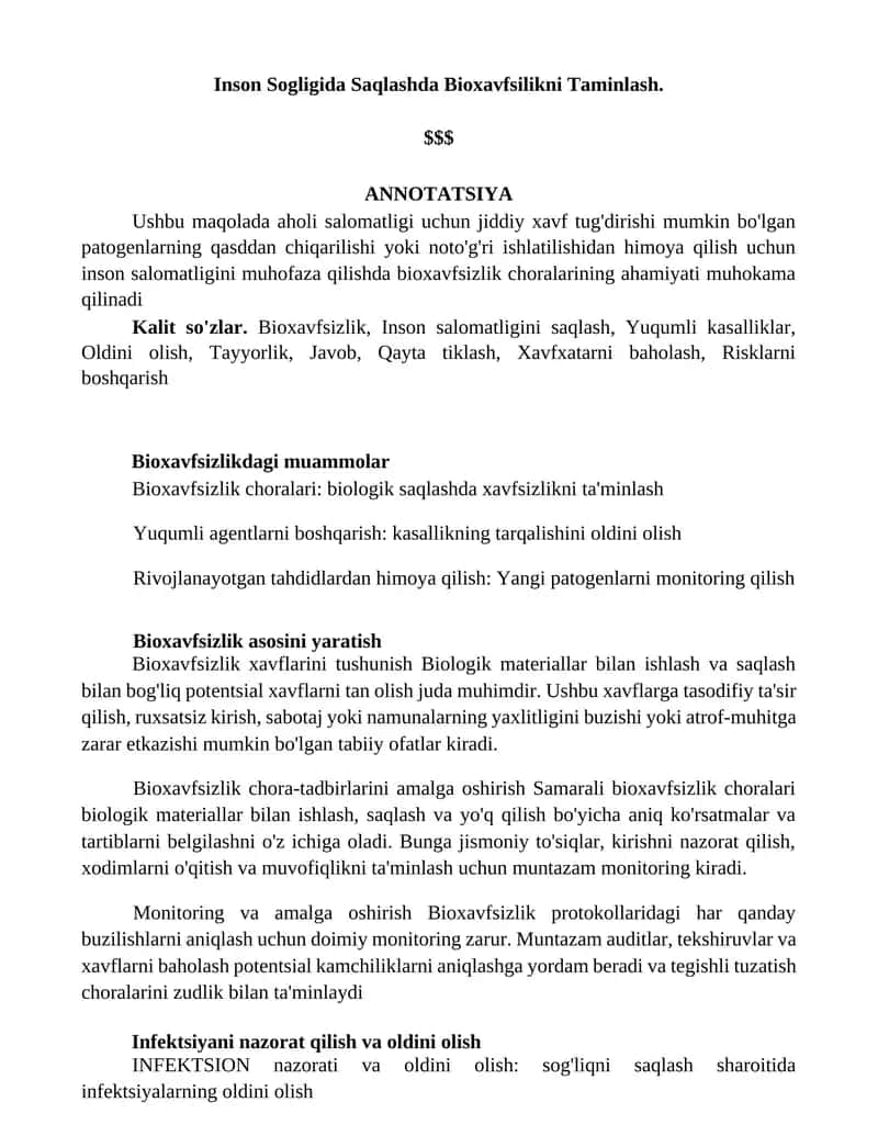 Inson Sogligida Saqlashda Bioxavfsilikni Taminlash 1