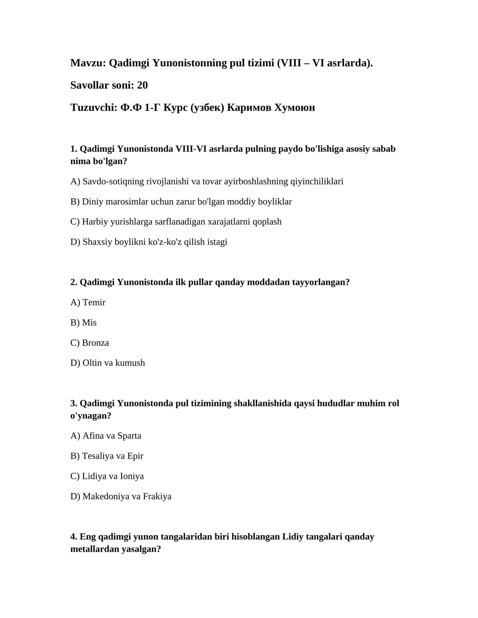 Qadimgi Yunonistonning pul tizimi (VIII – VI asrlarda) 1