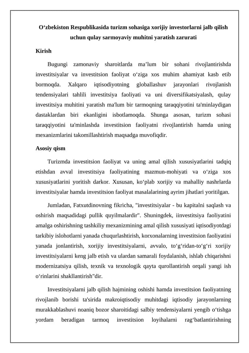 O‘zbekiston Respublikasida turizm sohasiga xorijiy investorlarni jalb qilish uchun qulay sarmoyaviy muhitni yaratish zarurati 1