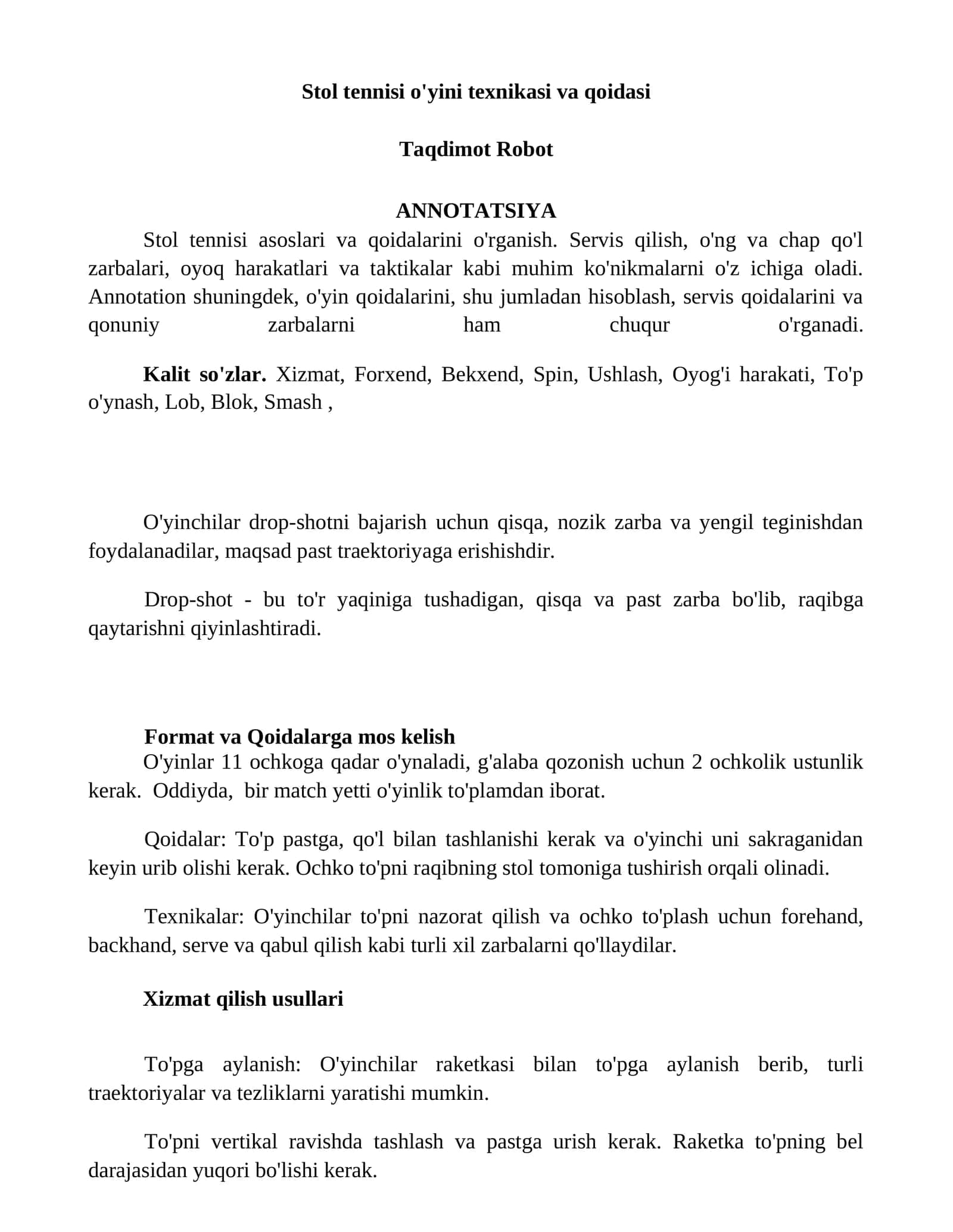 Stol tennisi o'yini texnikasi va qoidasi 1