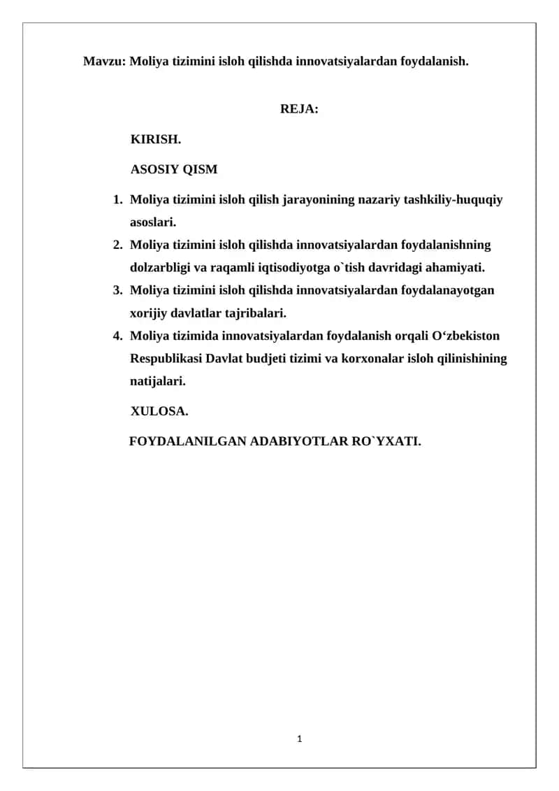 Moliya tizimini isloh qilishda innovatsiyalardan foydalanish 1