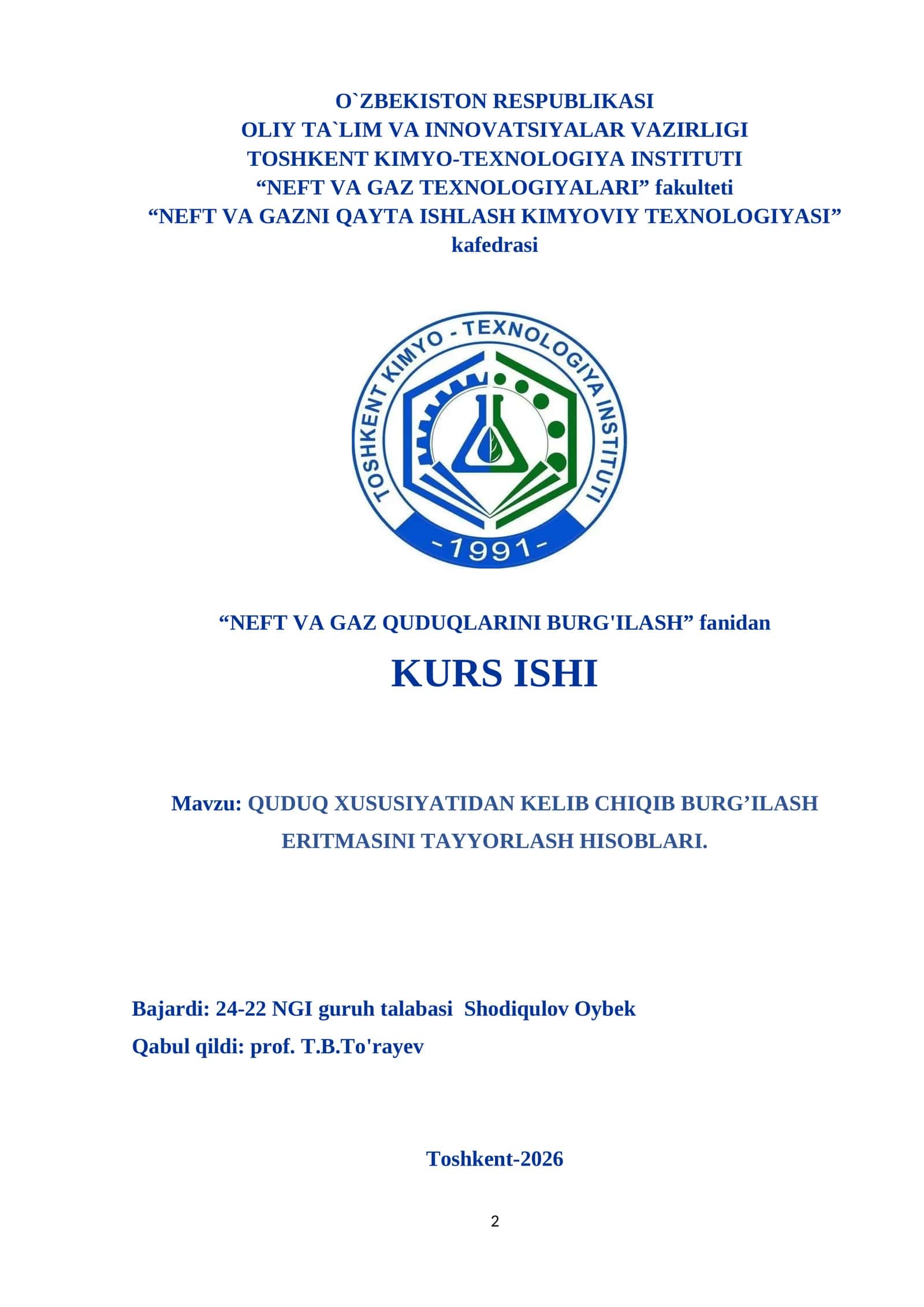 burg’ilash eritmasini tayyorlash hisoblari 1