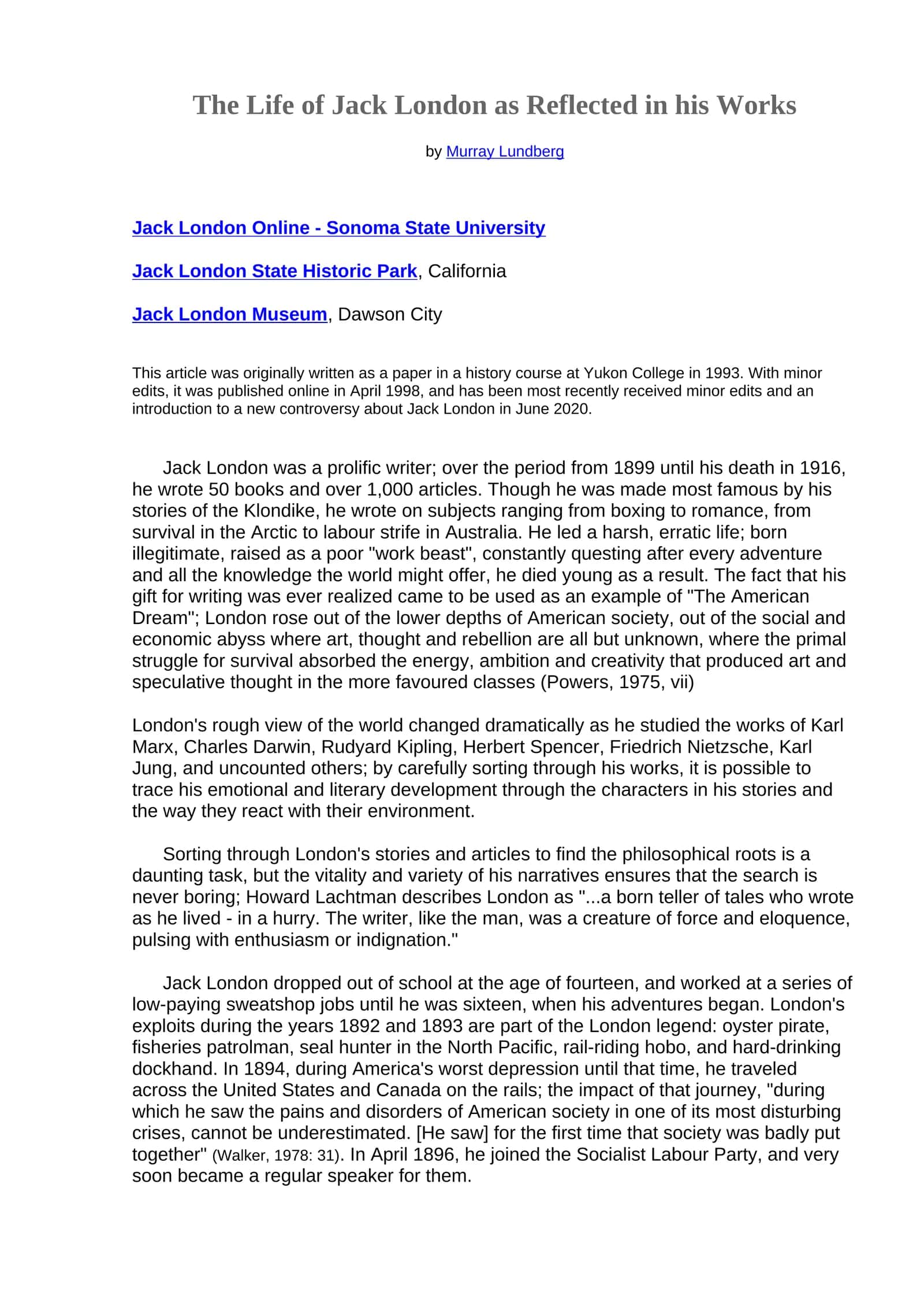 Jack London's Life and Works 1