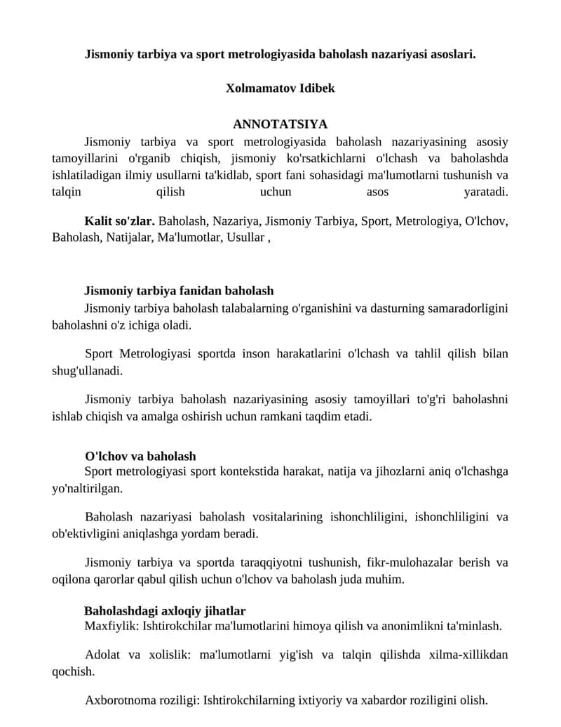 Jismoniy tarbiya va sport metrologiyasida baholash nazariyasi asoslari 1