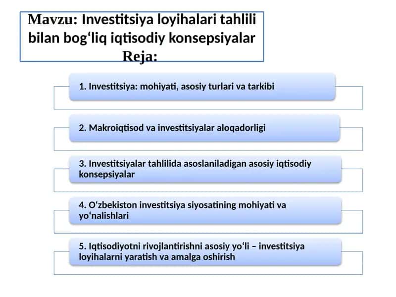 Investitsiya loyihalari tahlili bilan bog‘liq iqtisodiy konsepsiyalar 1
