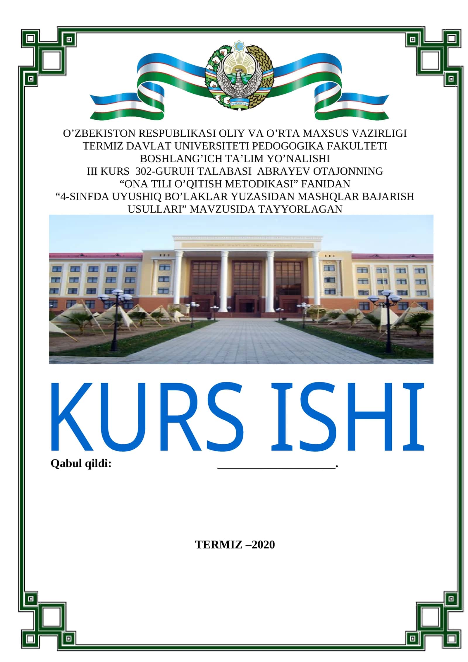 4-SINFDA UYUSHIQ BO’LAKLAR YUZASIDAN MASHQLAR BAJARISH USULLARI 1