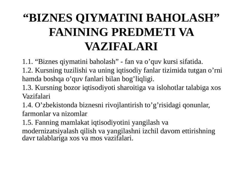 Biznes Qiymatini Baholash 1