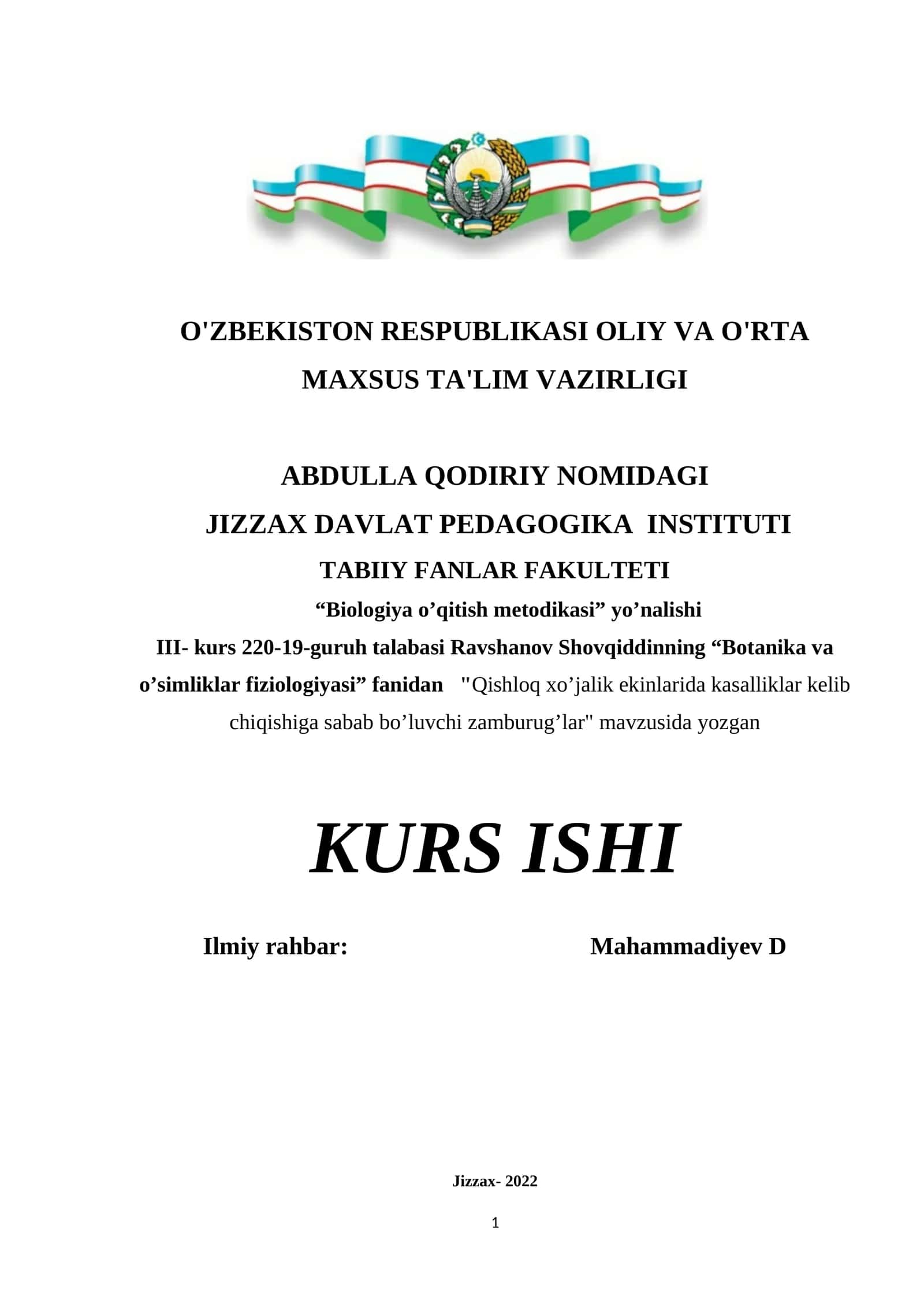 Qishloq xo’jalik ekinlarida kasalliklar kelib chiqishiga sabab bo’luvchi zamburug’lar 1