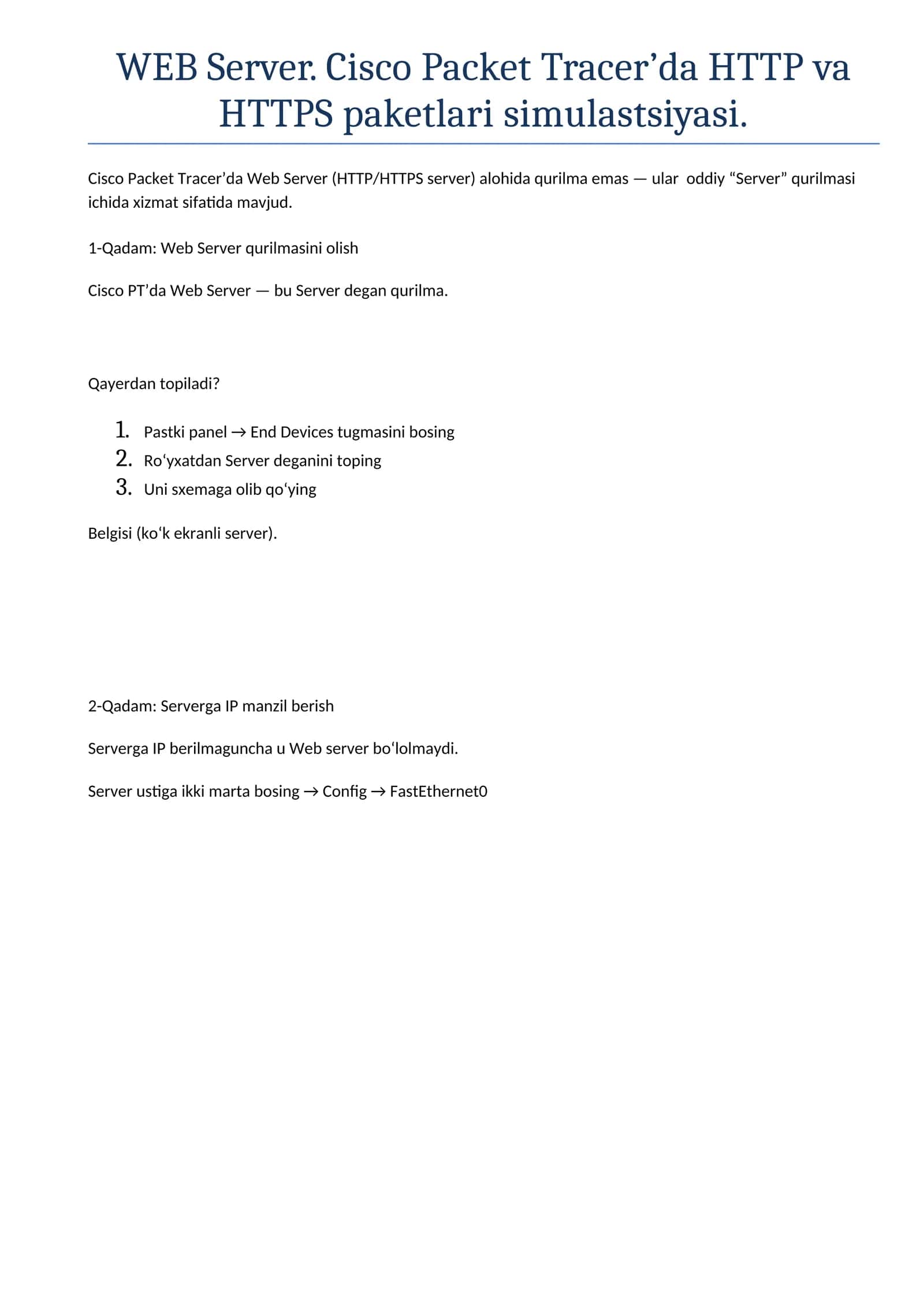 WEB Server. Cisco Packet Tracer’da HTTP va HTTPS paketlari simulastsiyasi 1