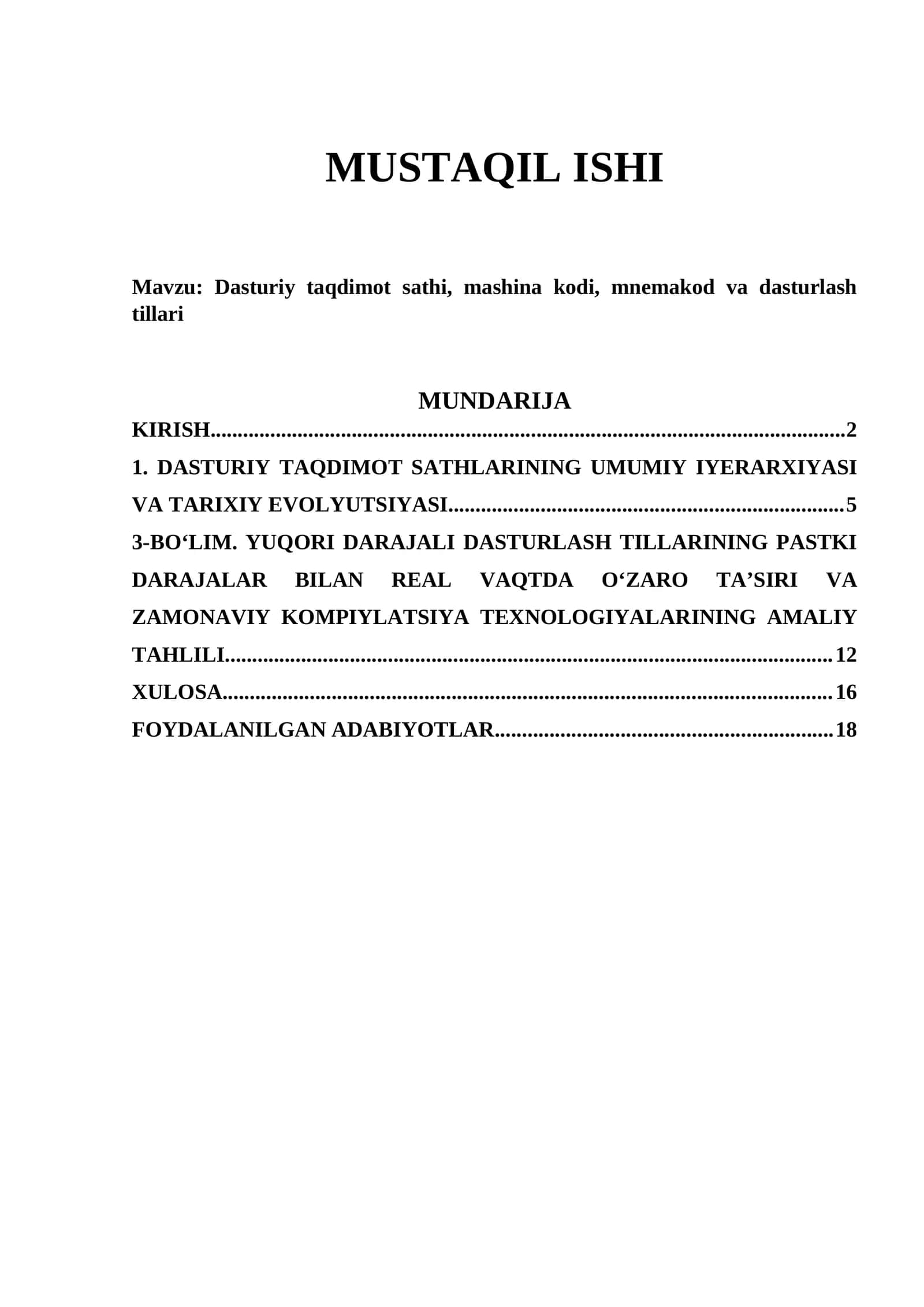 Dasturiy taqdimot sathi, mashina kodi, mnemakod va dasturlash tillari 1