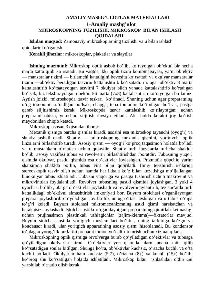MIKROSKOPNING TUZILISHI. MIKROSKOP  BILAN ISHLASH QOIDALARI.