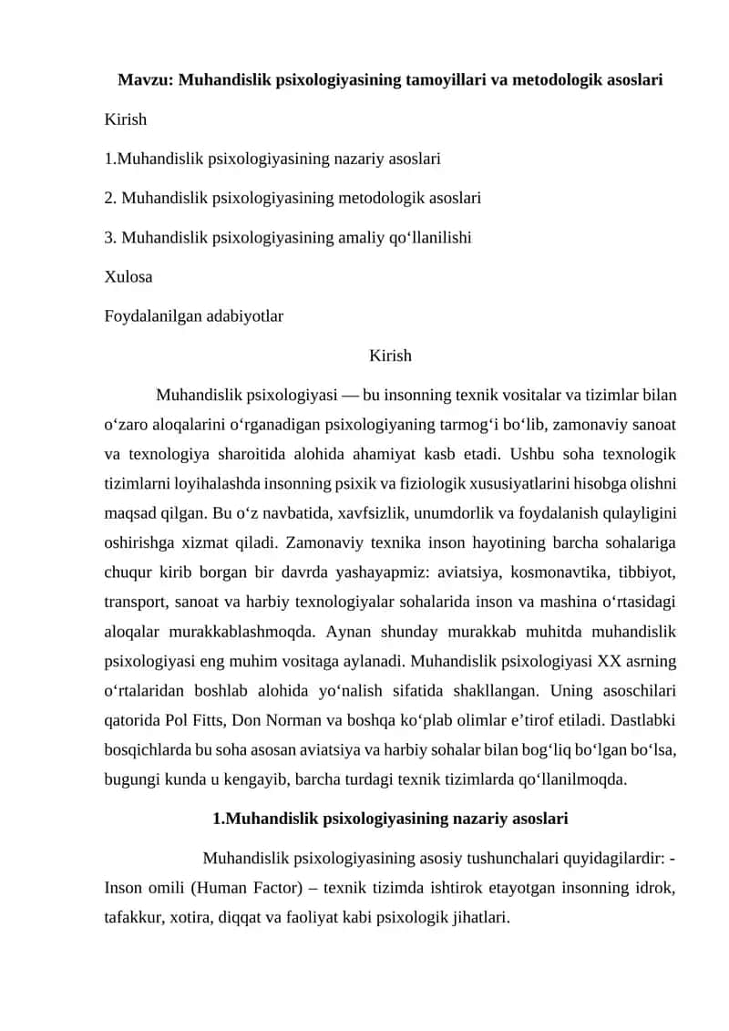 Muhandislik psixologiyasining tamoyillari va metodologik asoslari 1