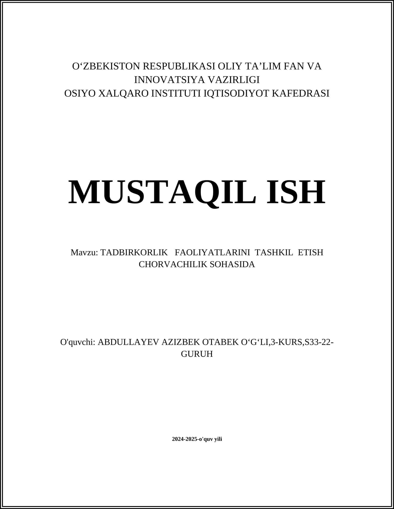 TADBIRKORLIK FAOLIYATLARINI TASHKIL ETISH CHORVACHILIK SOHASIDA 1
