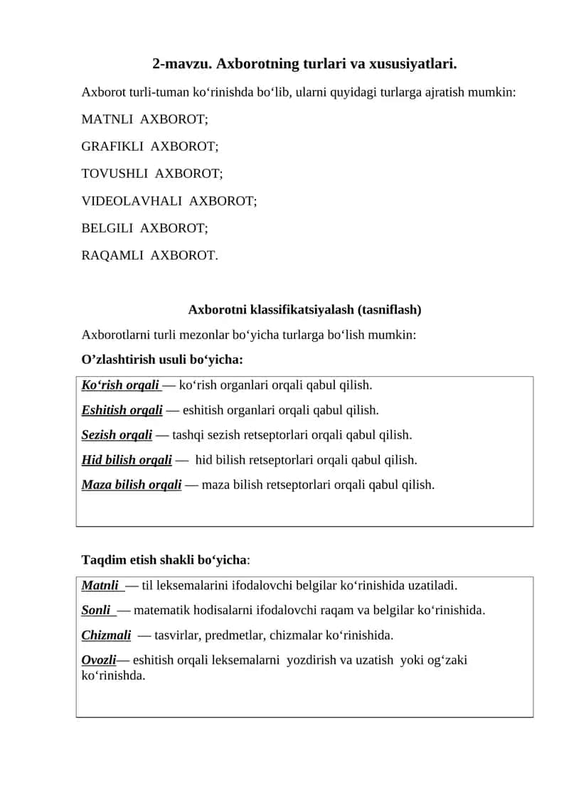 2-mavzu. Axborotning turlari va xususiyatlari 1