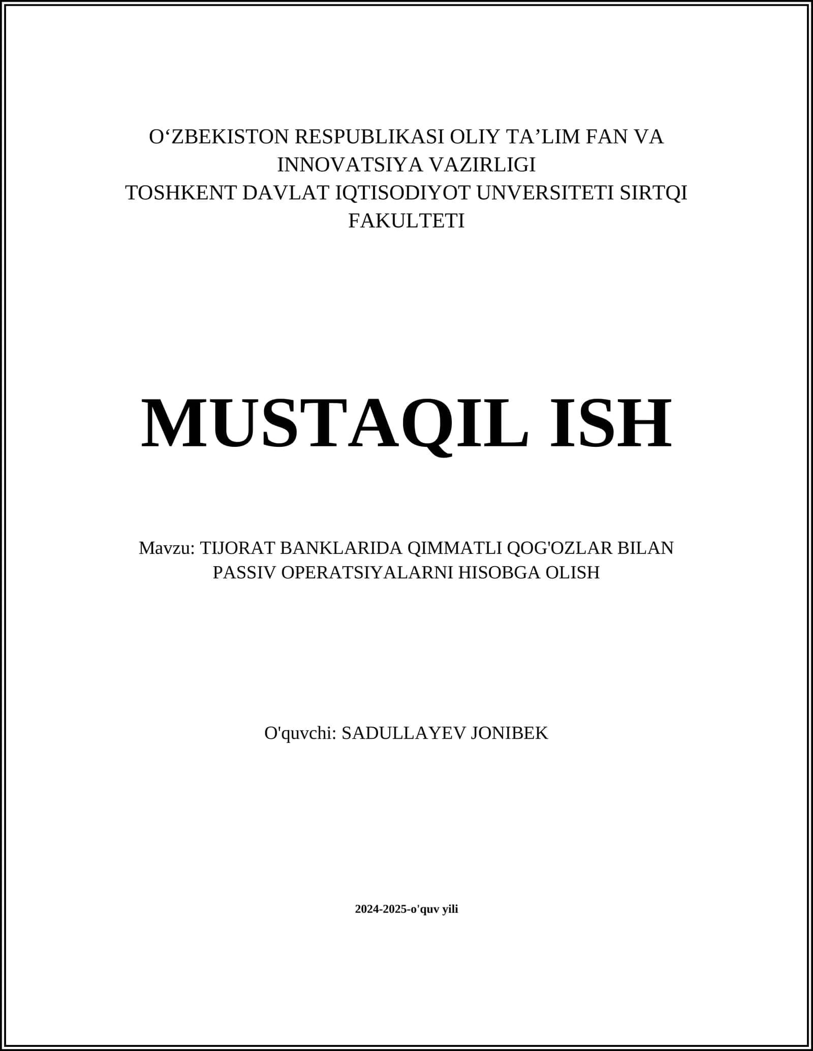 TIJORAT BANKLARIDA QIMMATLI QOG'OZLAR BILAN PASSIV OPERATSIYALARNI HISOBGA OLISH 1
