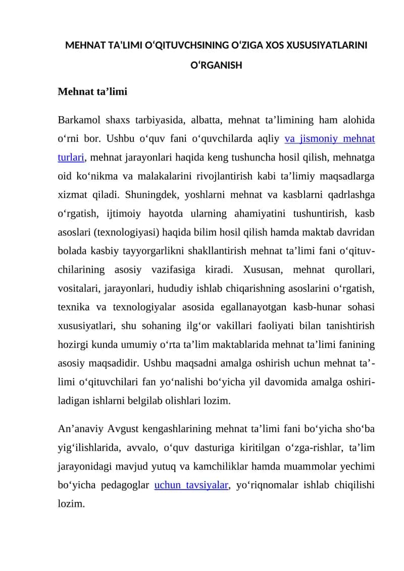 MEHNAT TA'LIMI OʻQITUVCHSINING OʻZIGA XOS XUSUSIYATLARINI OʻRGANISH 1