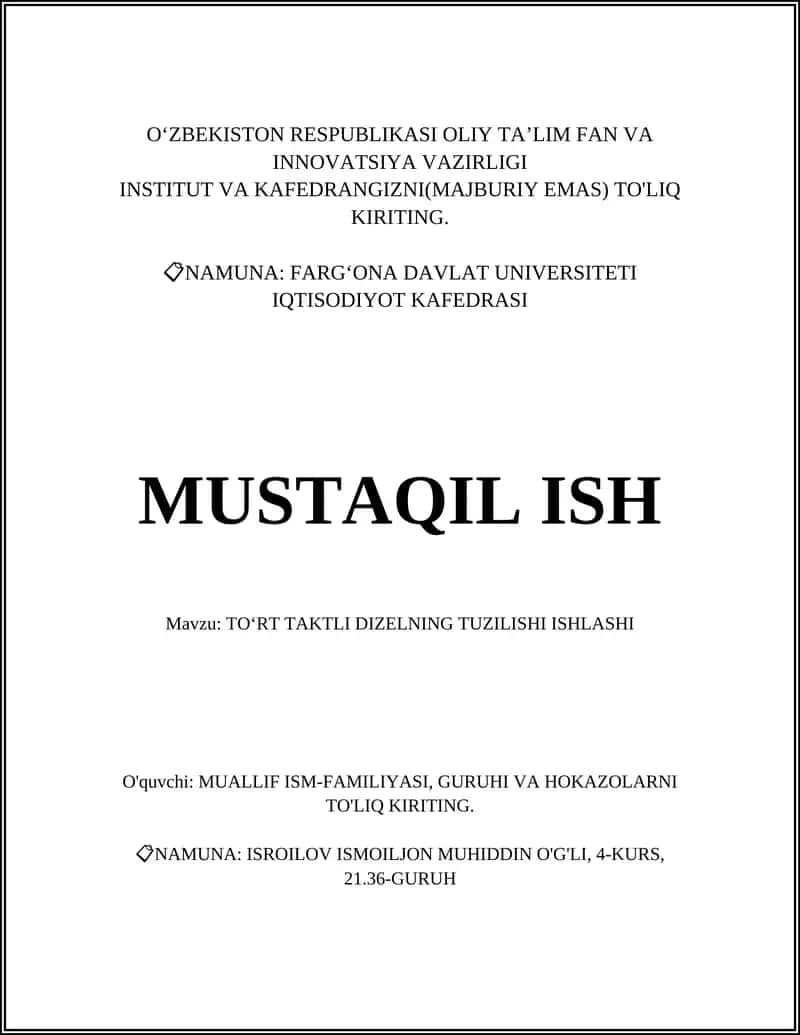 TOʻRT TAKTLI DIZELNING TUZILISHI ISHLASHI 1