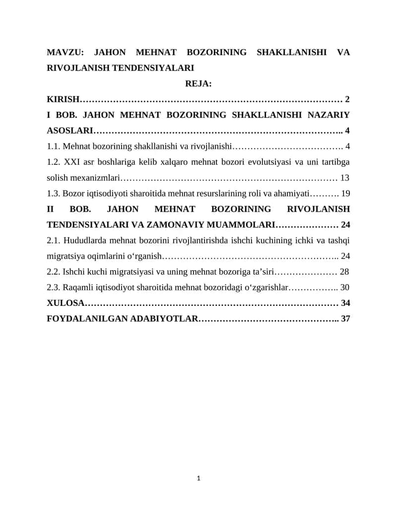 JAHON MEHNAT BOZORINING SHAKLLANISHI VA RIVOJLANISH TENDENSIYALARI 1