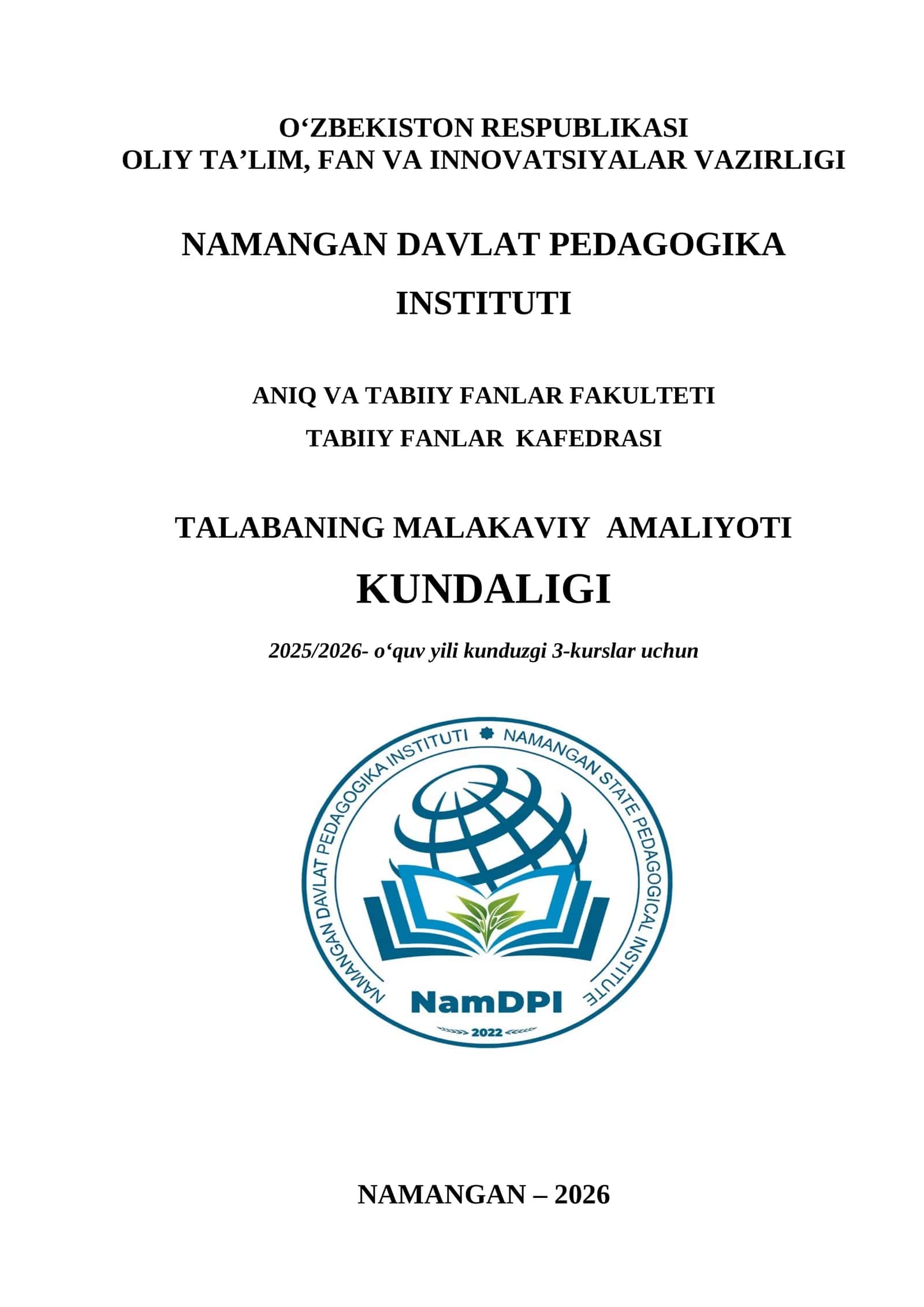 Talabaning MALAKAVIY amaliyoti Kundalig 1