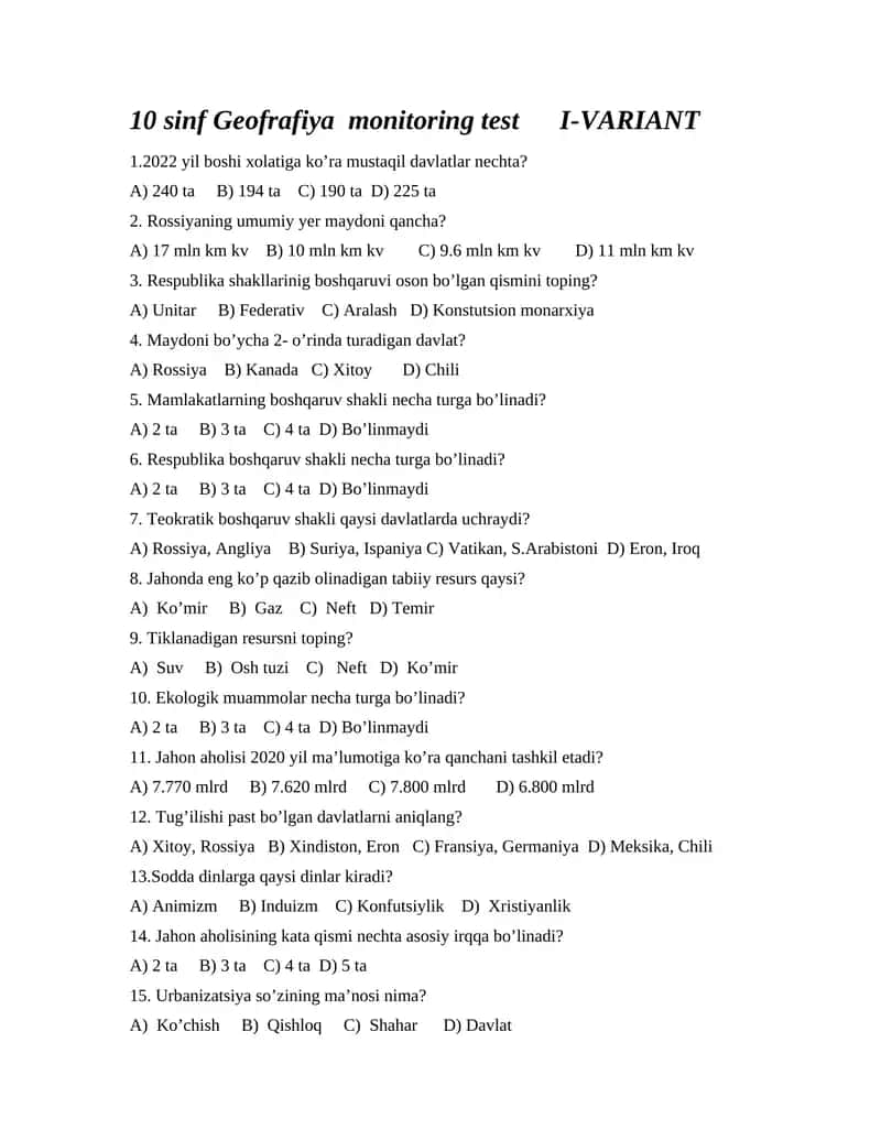 10-sinf Geofrafiya monitoring test 1