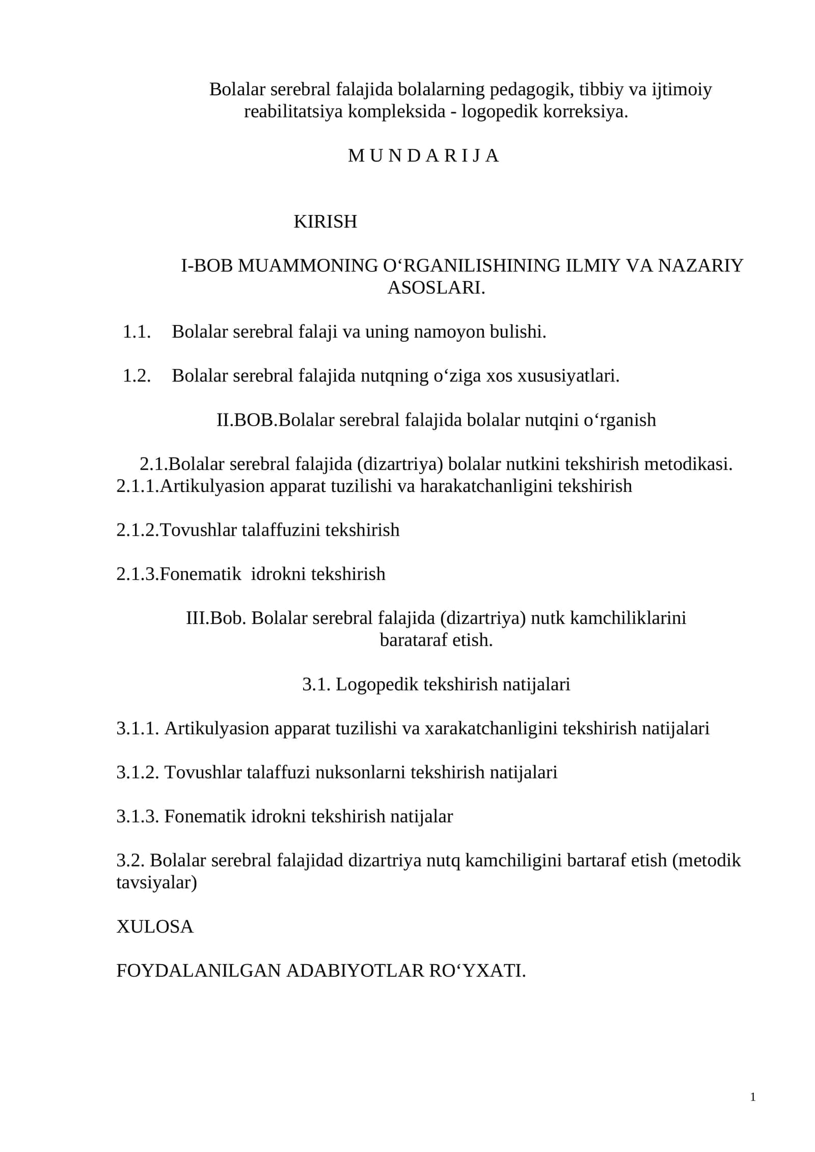 Bolalar serebral falajida pedagogik, tibbiy va ijtimoiy reabilitatsiya kompleksida - logopedik korreksiya 1