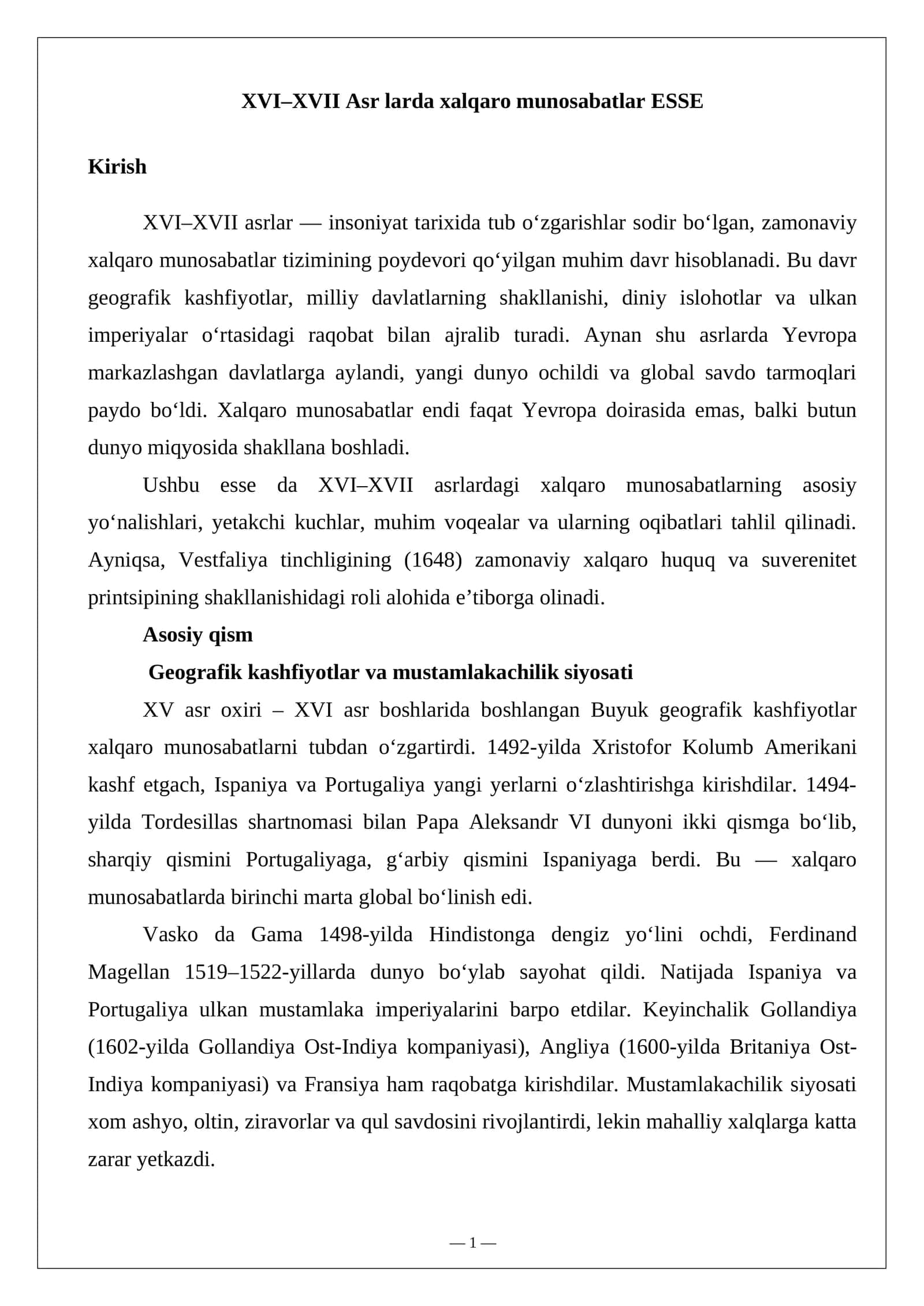 XVI–XVII Asr larda xalqaro munosabatlar ESSE 1