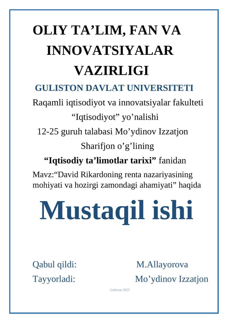 David Rikardoning renta nazariyasining mohiyati va hozirgi zamondagi ahamiyati 1