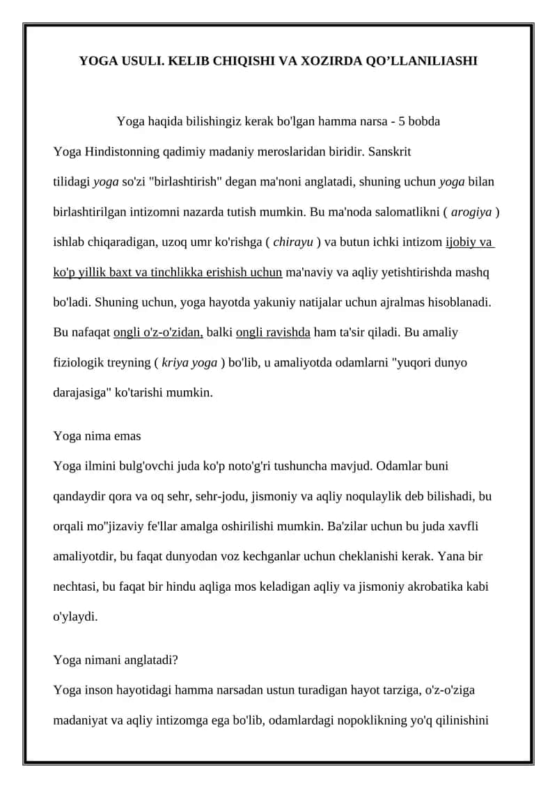Yoga Usuli. Kelib chiqishi va hozirda qo'llanilishi 1