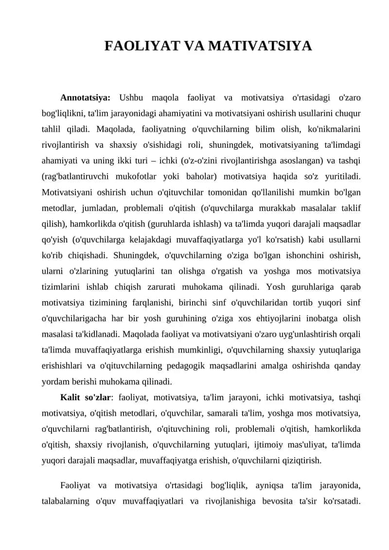FAOLIYAT VA MATIVATSIYA 1