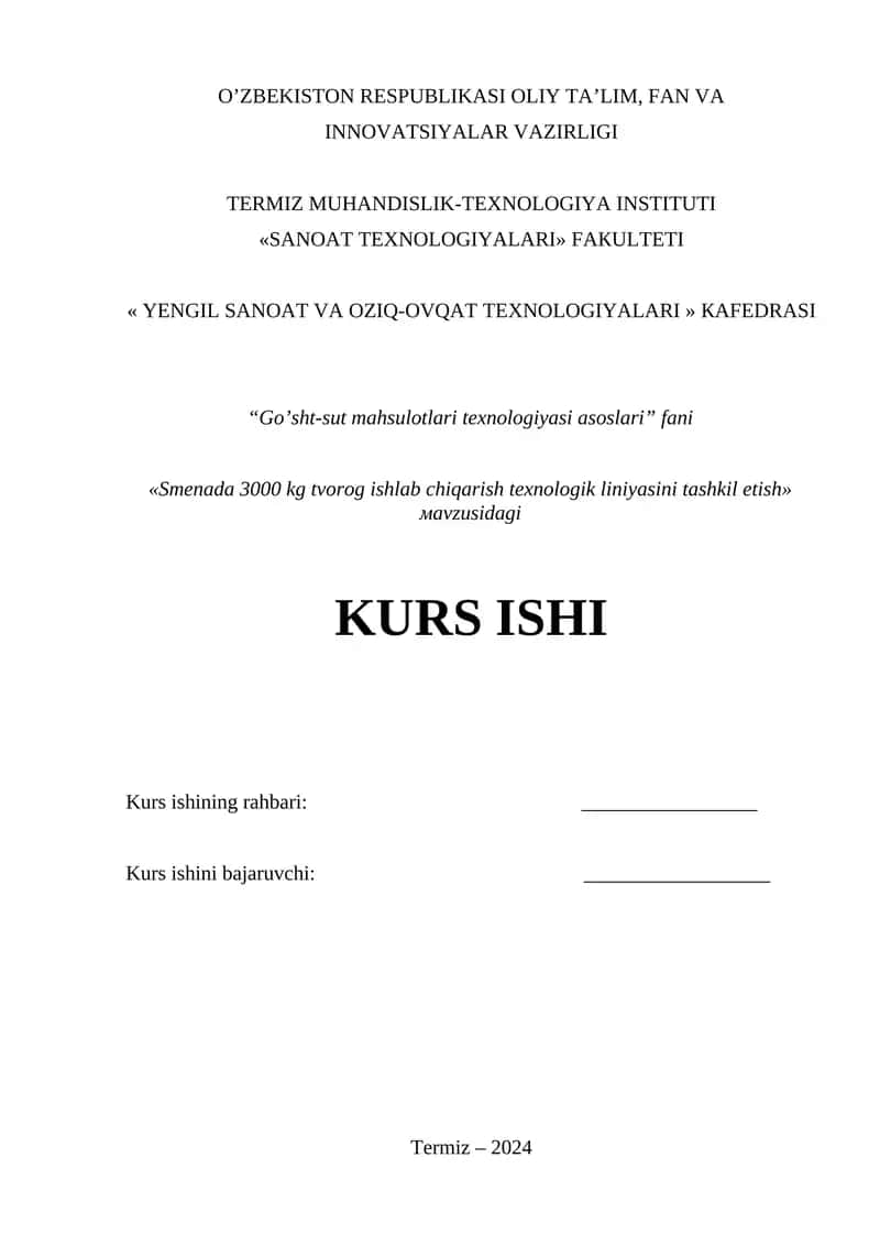 Smenada 3000 kg tvorog ishlab chiqarish texnologik liniyasini tashkil etish 1