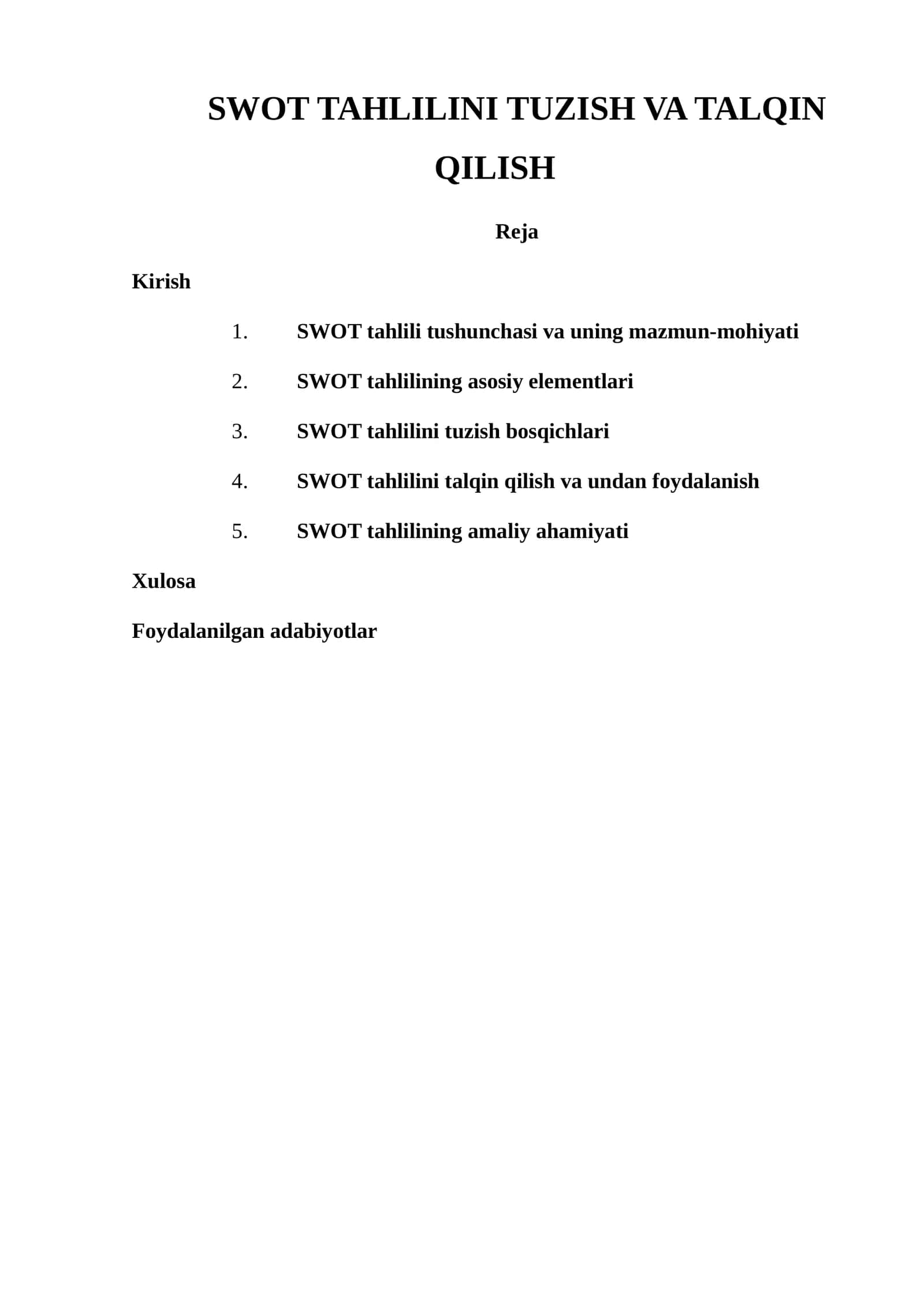 SWOT TAHLILINI TUZISH VA TALQIN QILISH 1