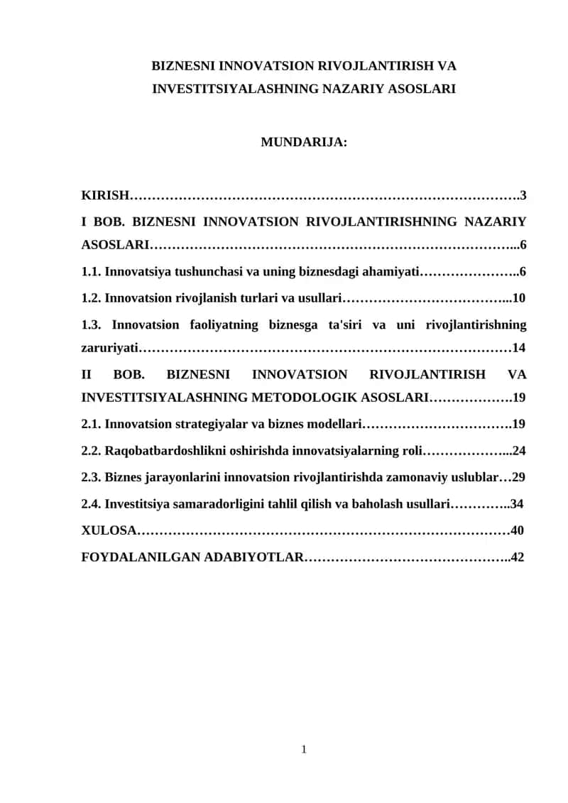 BIZNESNI INNOVATSION RIVOJLANTIRISH VA INVESTITSIYALASHNING NAZARIY ASOSLARI 1