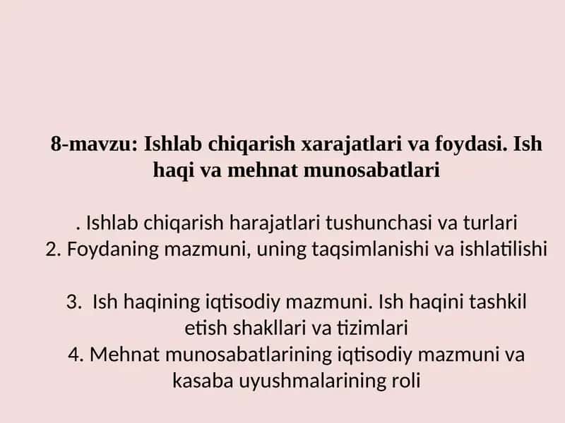 Ishlab chiqarish xarajatlari va foydasi 1