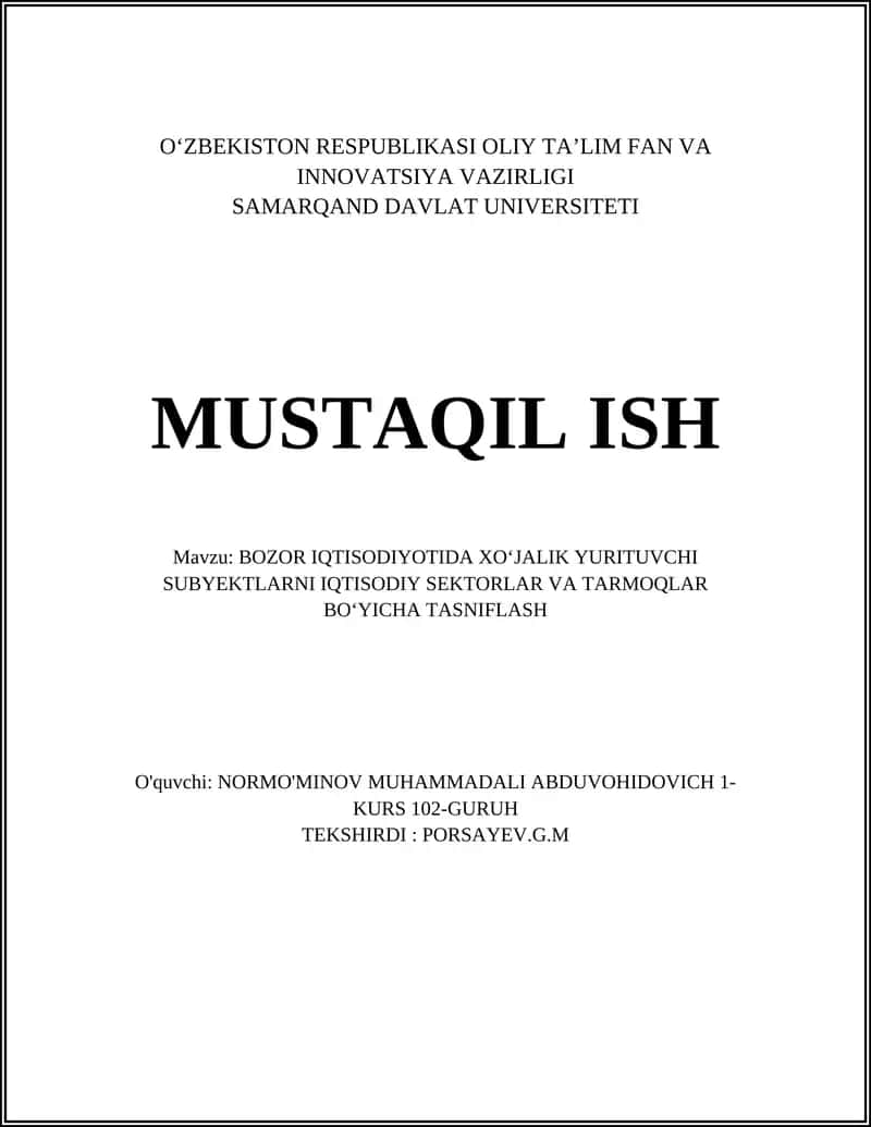 BOZOR IQTISODIYOTIDA ХO‘JALIK YURITUVCHI SUBYEKTLARNI IQTISODIY SEKTORLAR VA TARMOQLAR BO‘YICHA TASNIFLASH 1