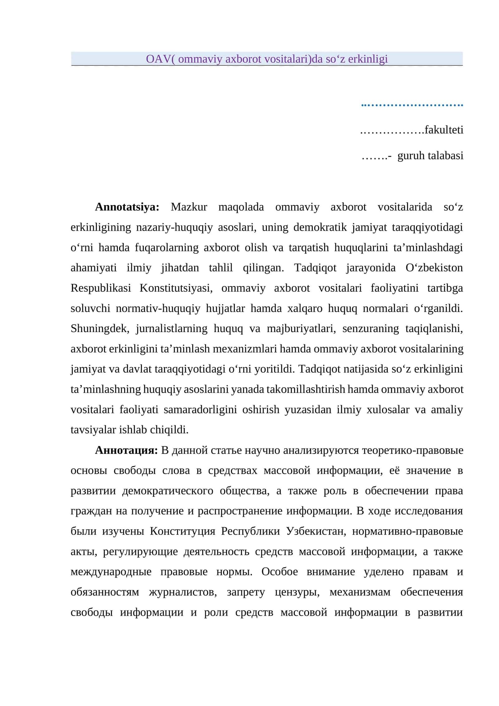 OAV( ommaviy axborot vositalari)da soʻz erkinligi 1