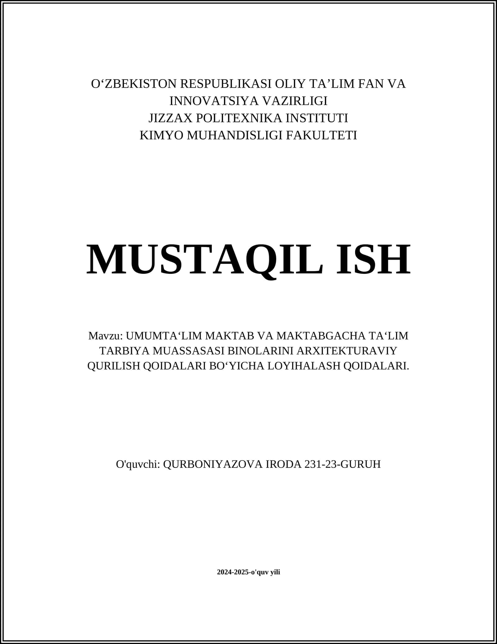 UMUMTA‘LIM MAKTAB VA MAKTABGACHA TA‘LIM TARBIYA MUASSASASI BINOLARINI ARXITEKTURAVIY QURILISH QOIDALARI BO‘YICHA LOYIHALASH QOIDALARI 1