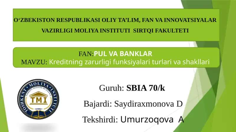 Kreditning zaruriy funksiyalari, turlari va shakllari 1