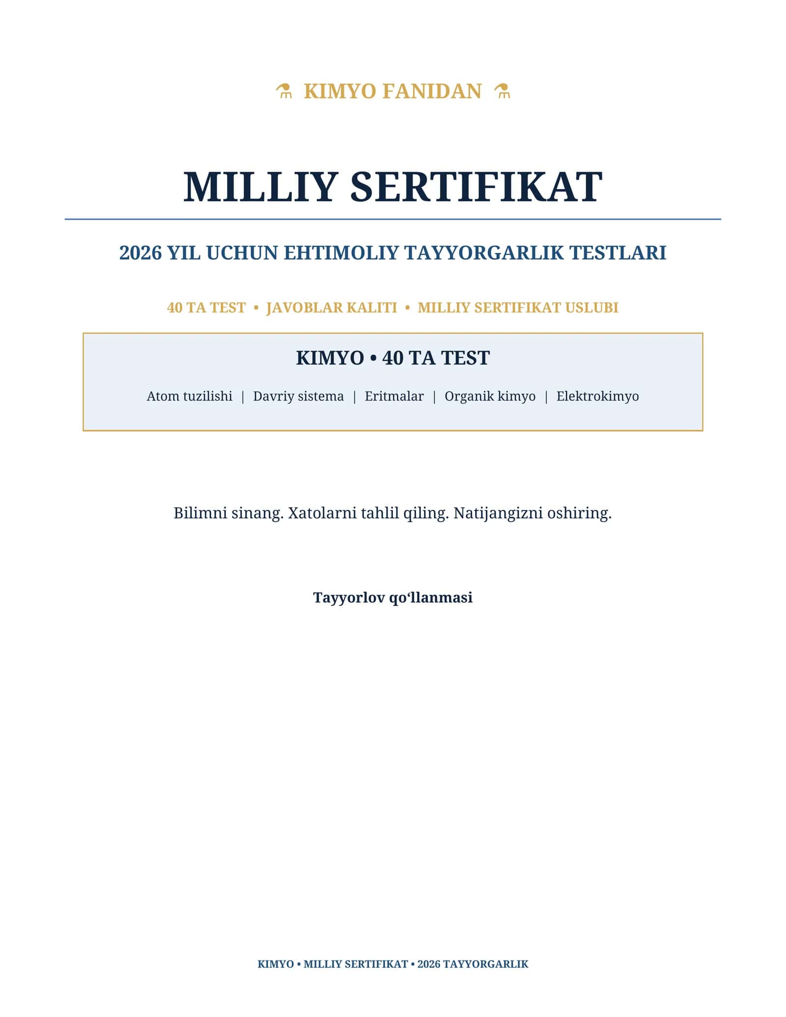 Kimyo fanidan Milliy sertifikat 2026 uchun 40 ta ehtimoliy test savollari 1