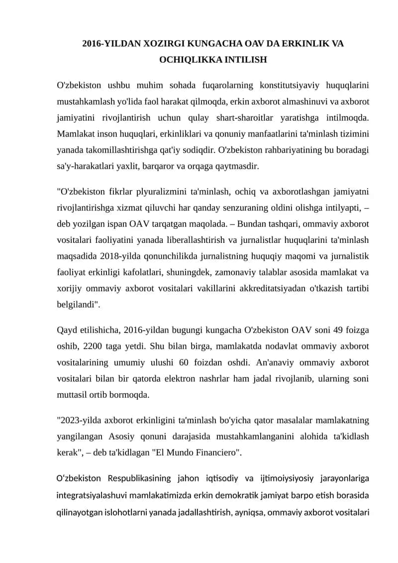 O'zbekiston fikrlar plyuralizmini ta'minlash 1