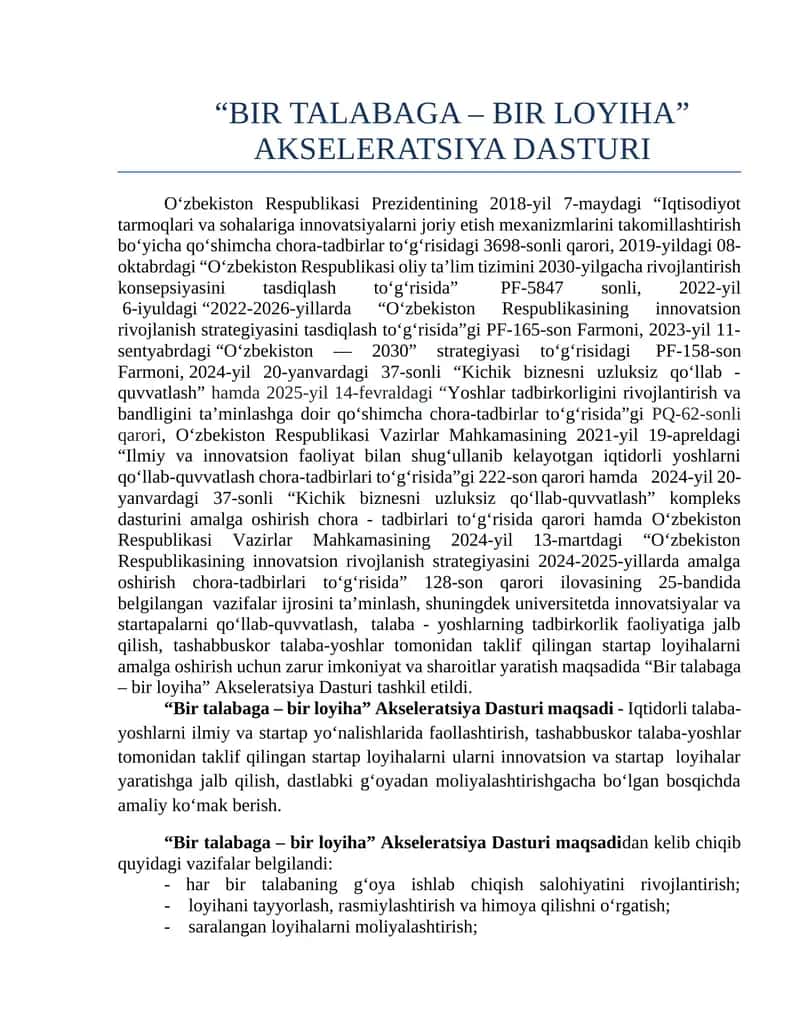 BIR TALABAGA – BIR LOYIHA AKSELERATSIYA DASTURI 1