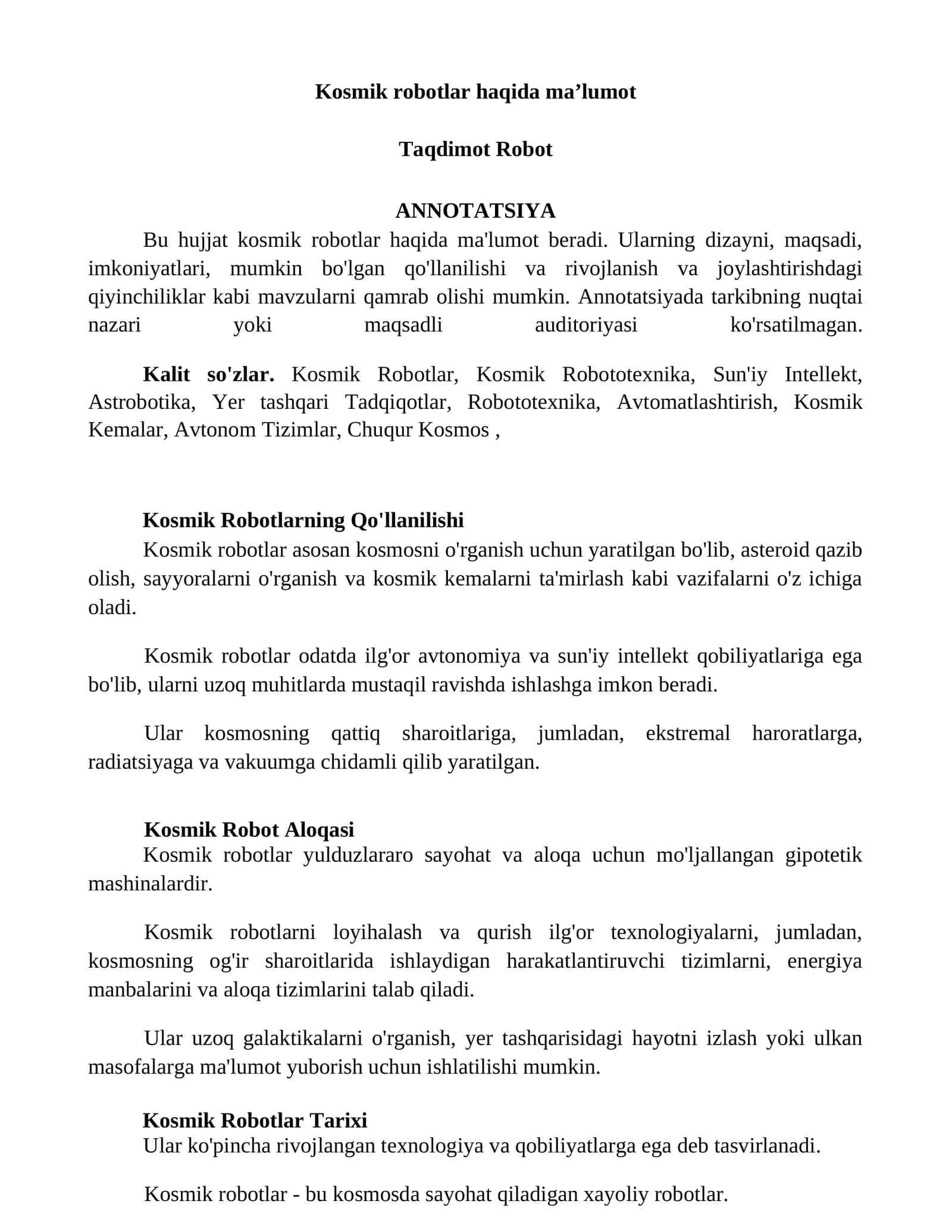 Kosmik robotlar haqida maʼlumot 1