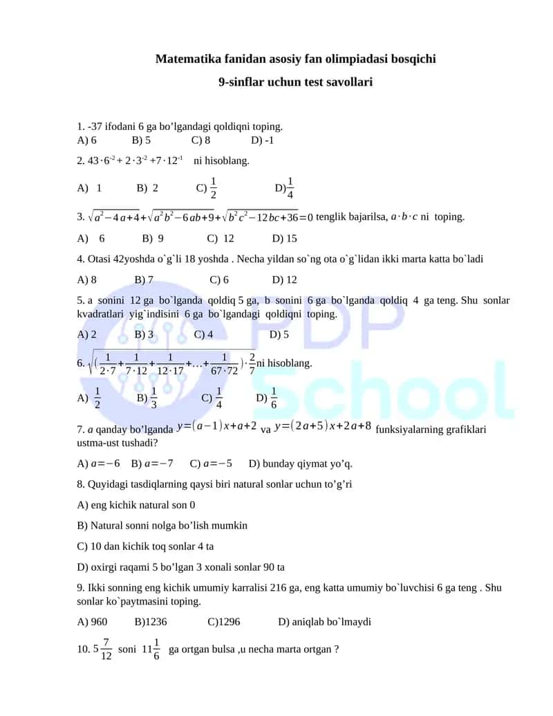 Matematika fanidan asosiy fan olimpiadasi bosqichi 9-sinflar uchun test savollari 1