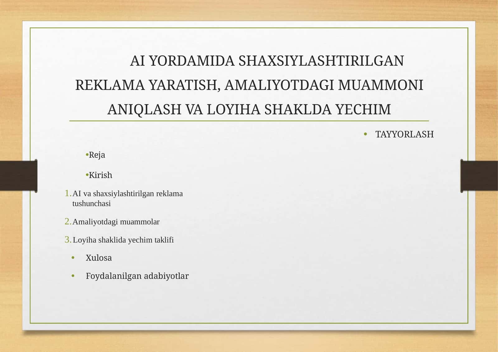 AIYORDAMIDASHAXSIYLASHTIRILGANREKLAMAYARATISH,AMALIYOTDAGIMUAMMONIANIQLASHVALOYIHASHAKLDAYECHIMTAYYORLASH 1