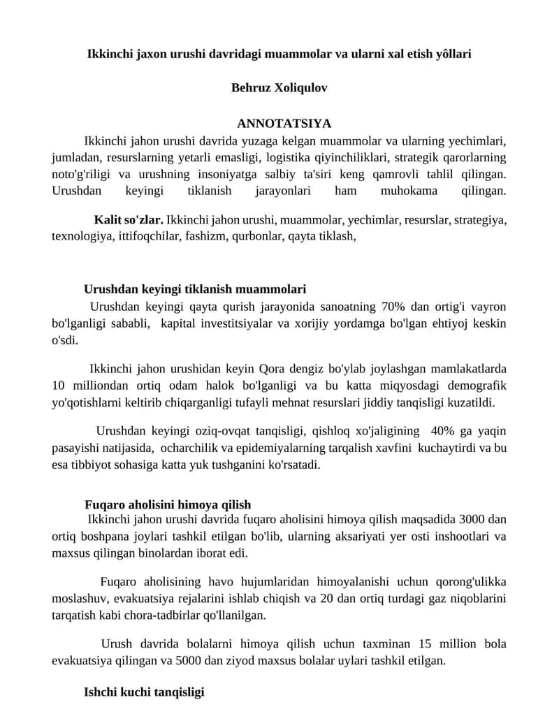 Ikkinchi jaxon urushi davridagi muammolar va ularni xal etish yôllari by Behruz Xoliqulov 1