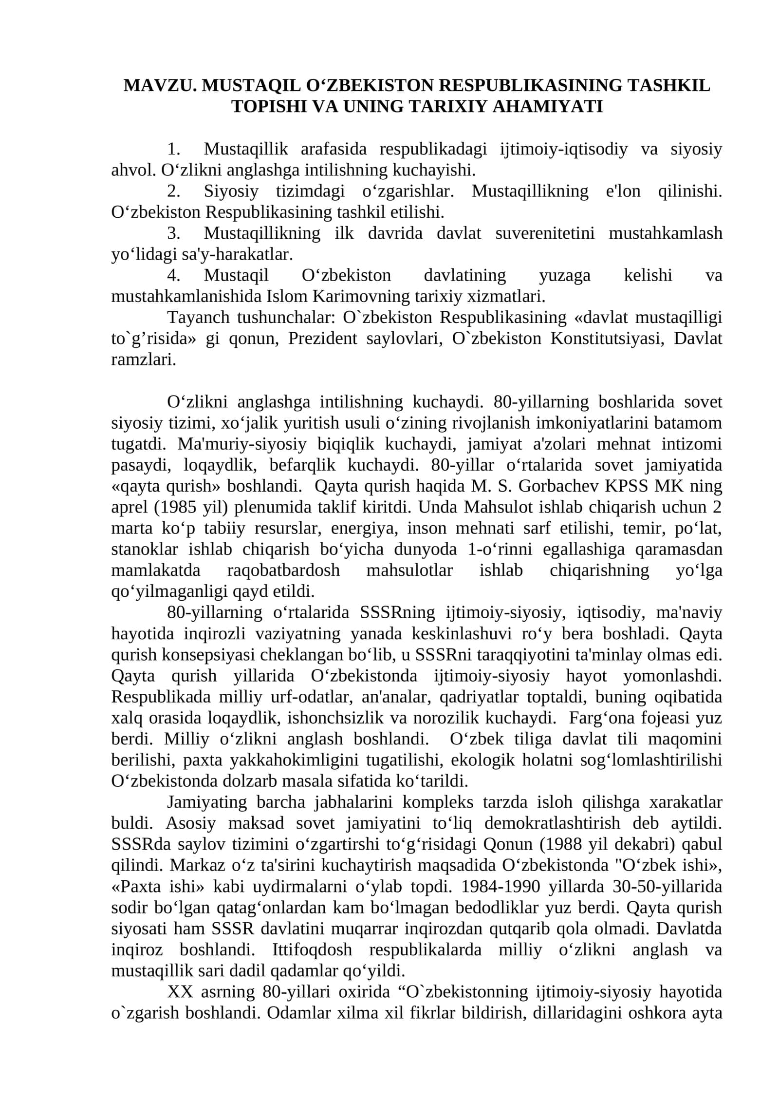 MUSTAQIL O‘ZBEKISTON RESPUBLIKASINING TASHKIL TOPISHI VA UNING TARIXIY AHAMIYATI 1