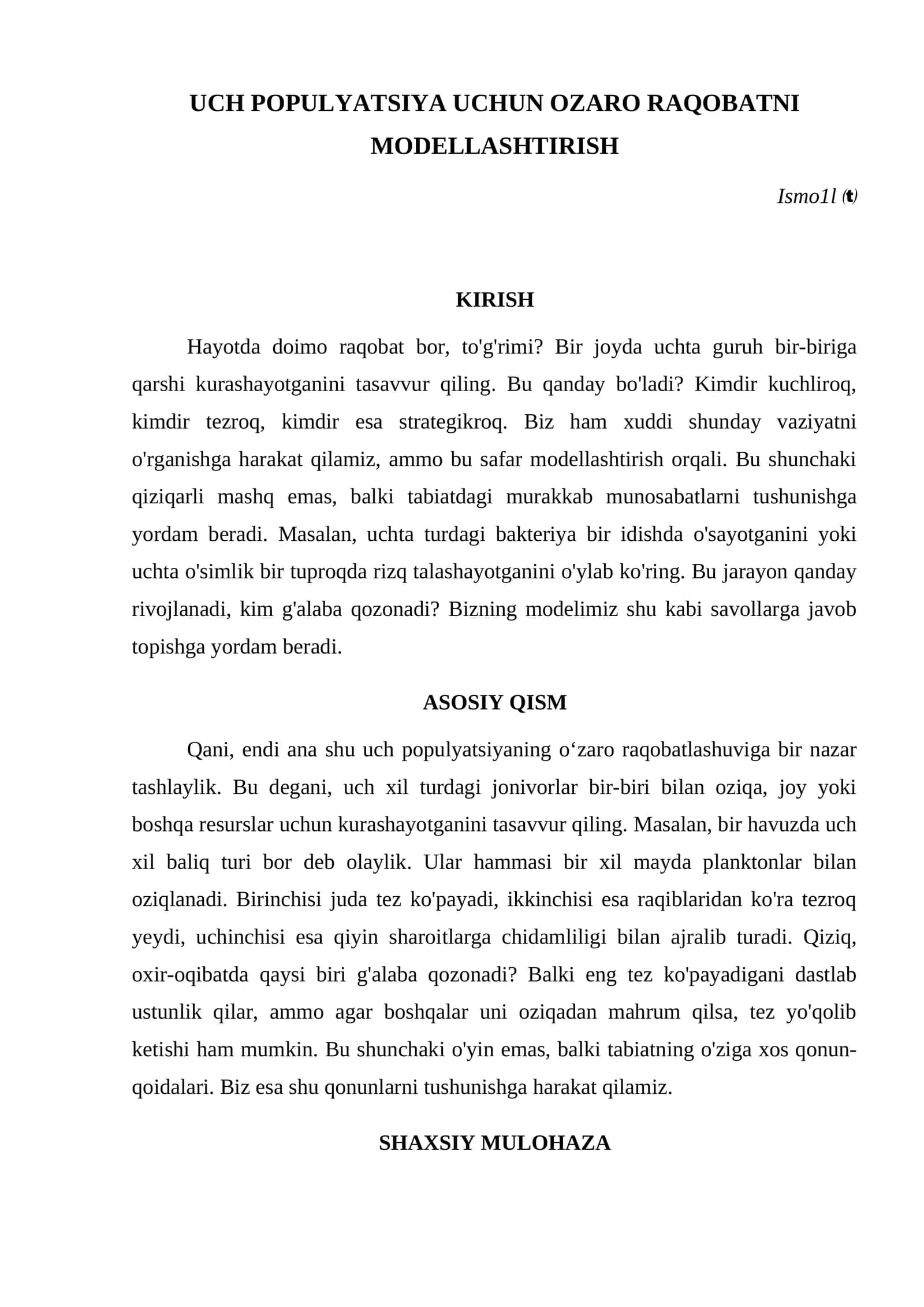 UCH POPULYATSIYA UCHUN OZARO RAQOBATNI MODELLASHTIRISH 1