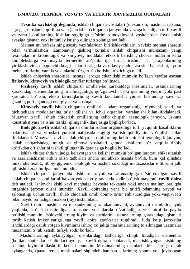 TEXNIKA, YONG‘IN VA ELEKTR XAVFSIZLIGI QOIDALARI 1