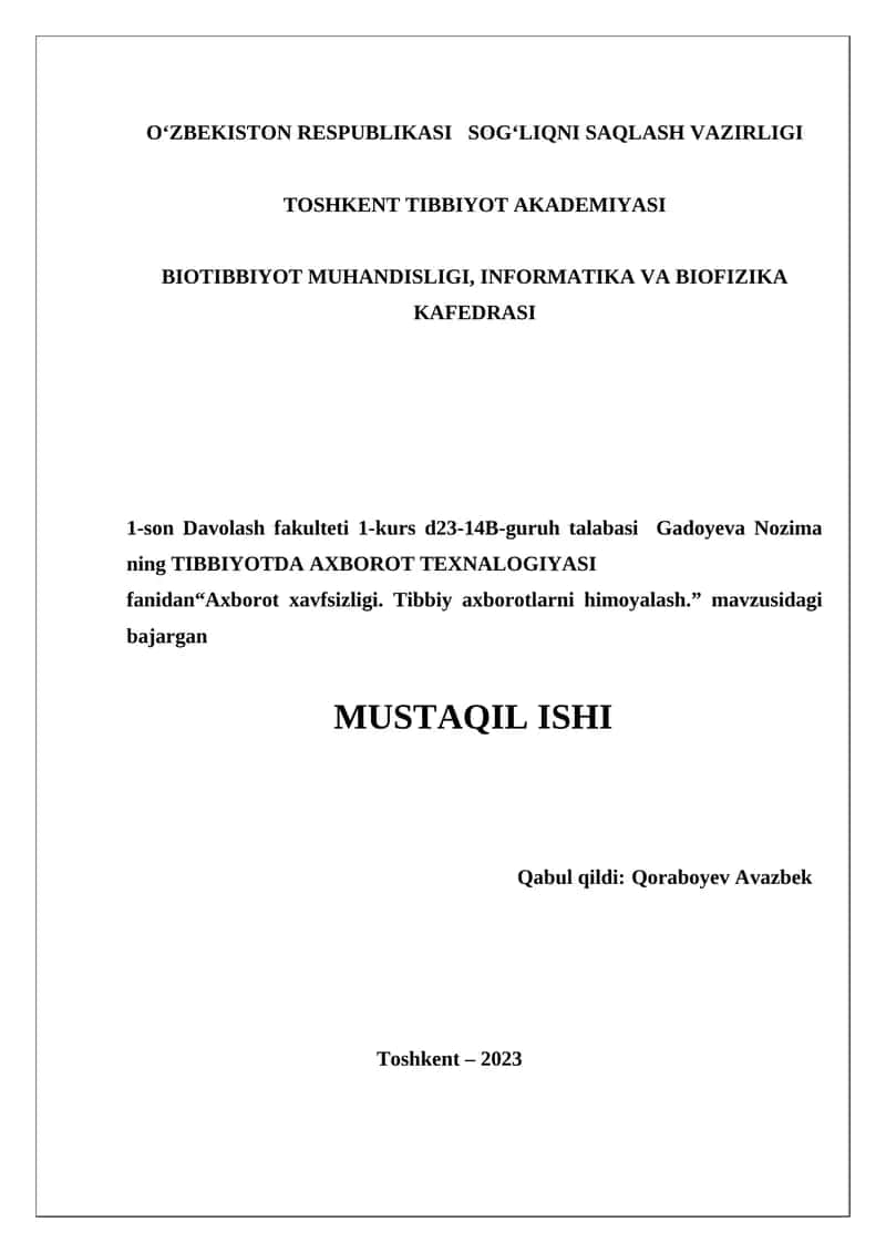 Axborot xavfsizligi. Tibbiy axborotlarni himoyalash 1