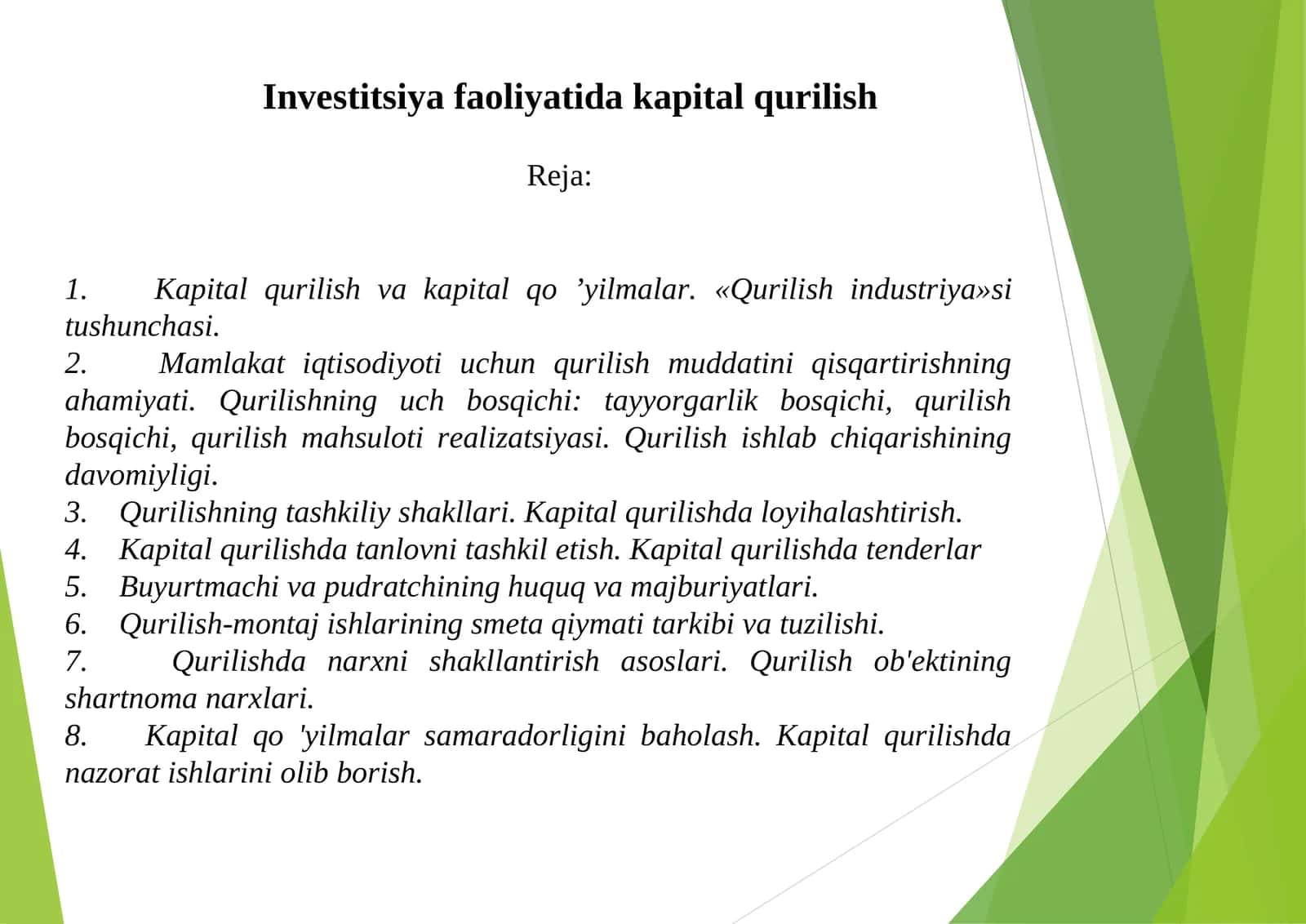 Investitsiya faoliyatida kapital qurilish 1